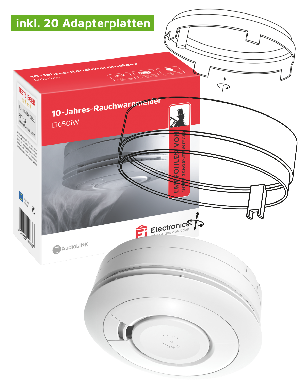 Austauschmelder Ei650iW-SSF Schornsteinfeger - Rauchwarnmelder inkl. 20 Adapterplatten